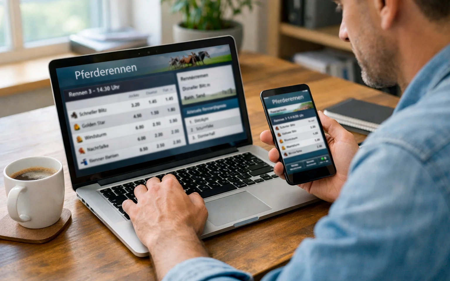 Person vergleicht Wettquoten auf Laptop und Smartphone
