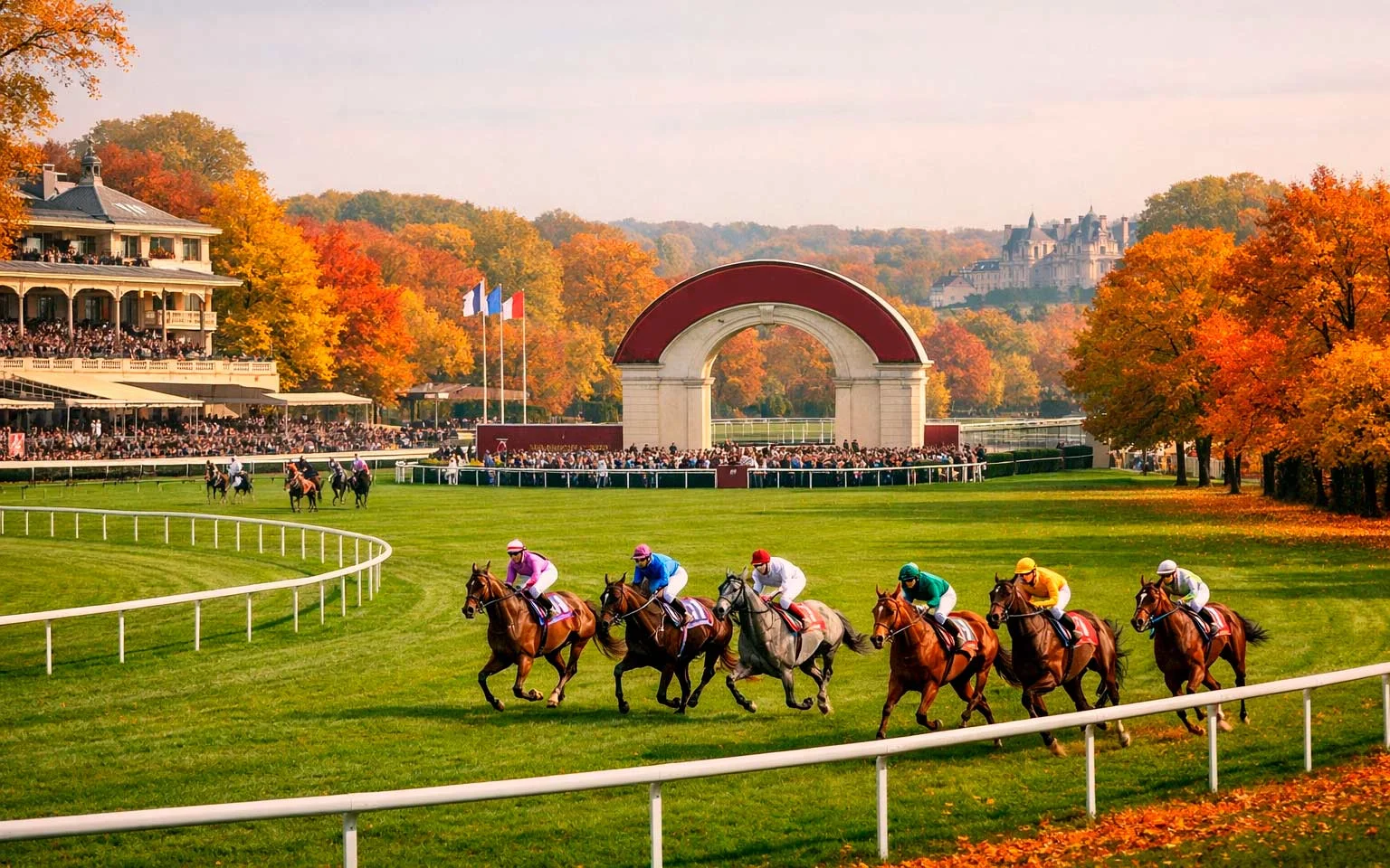Herbstliche Szene auf einer europäischen Rennbahn mit buntem Laub