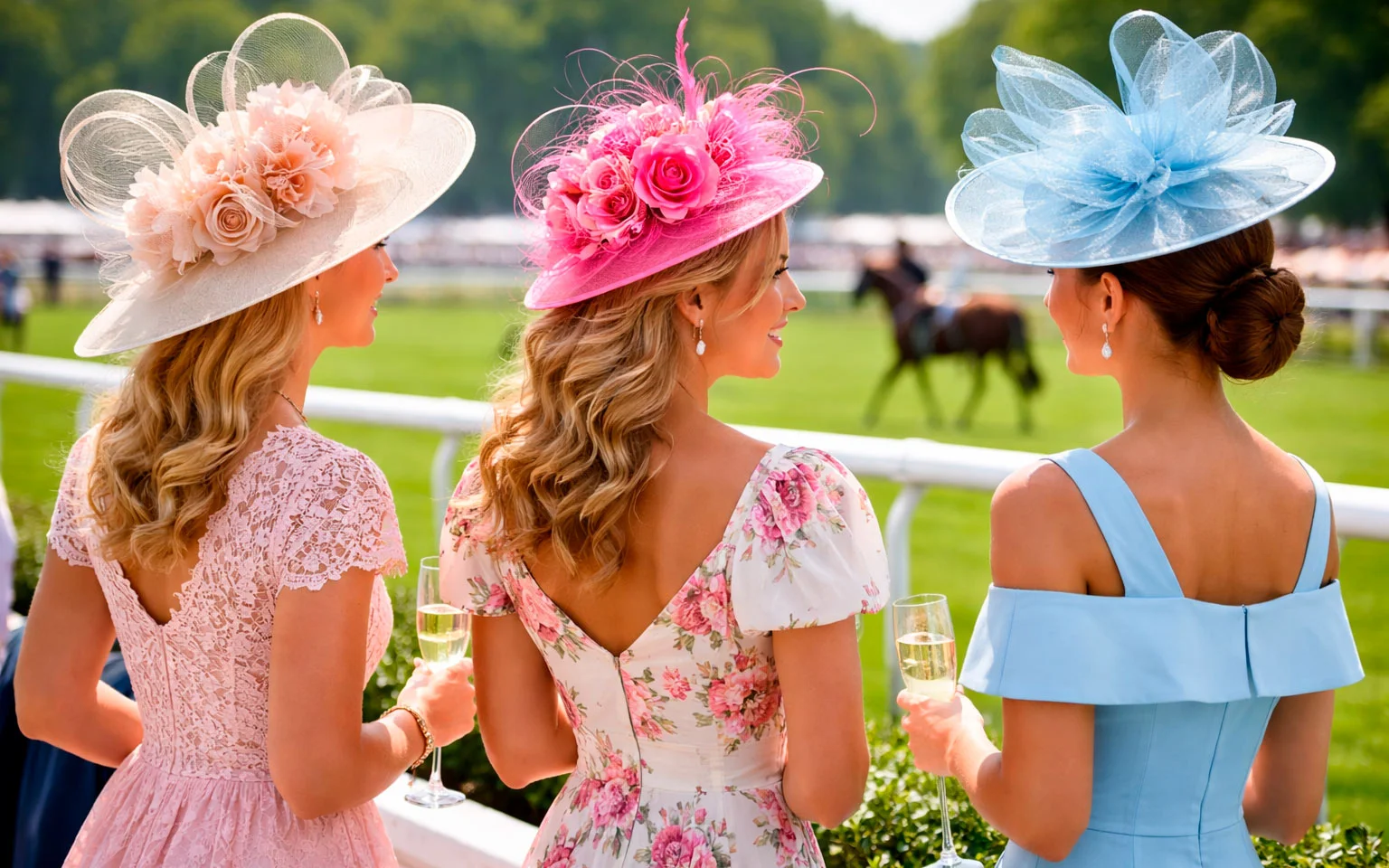 Elegante Damen mit ausgefallenen Hüten bei einem Pferderennen-Event