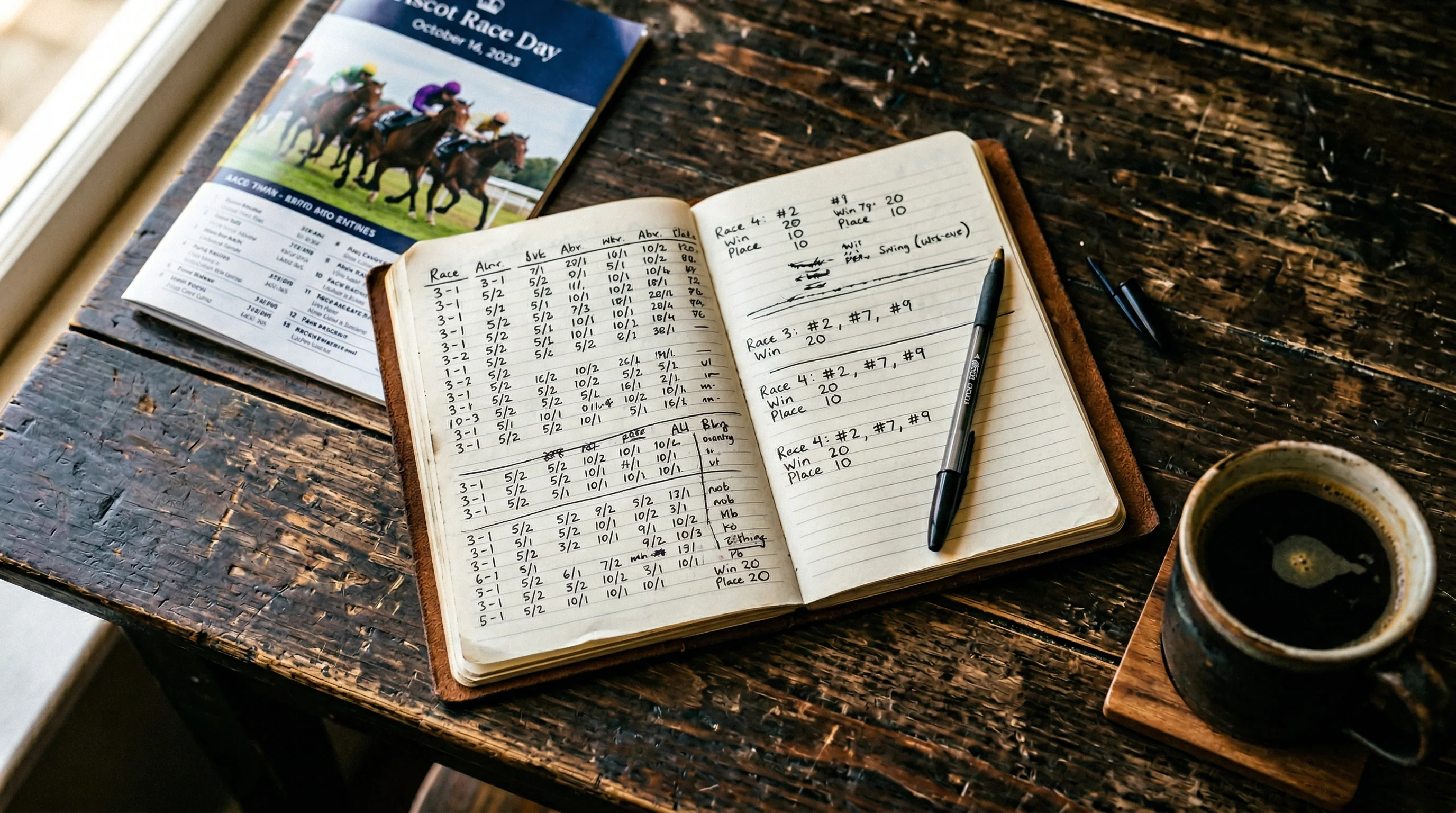 Bankroll-Management bei Pferdewetten – Notizbuch mit Stift neben einer Rennkarte auf einem Holztisch