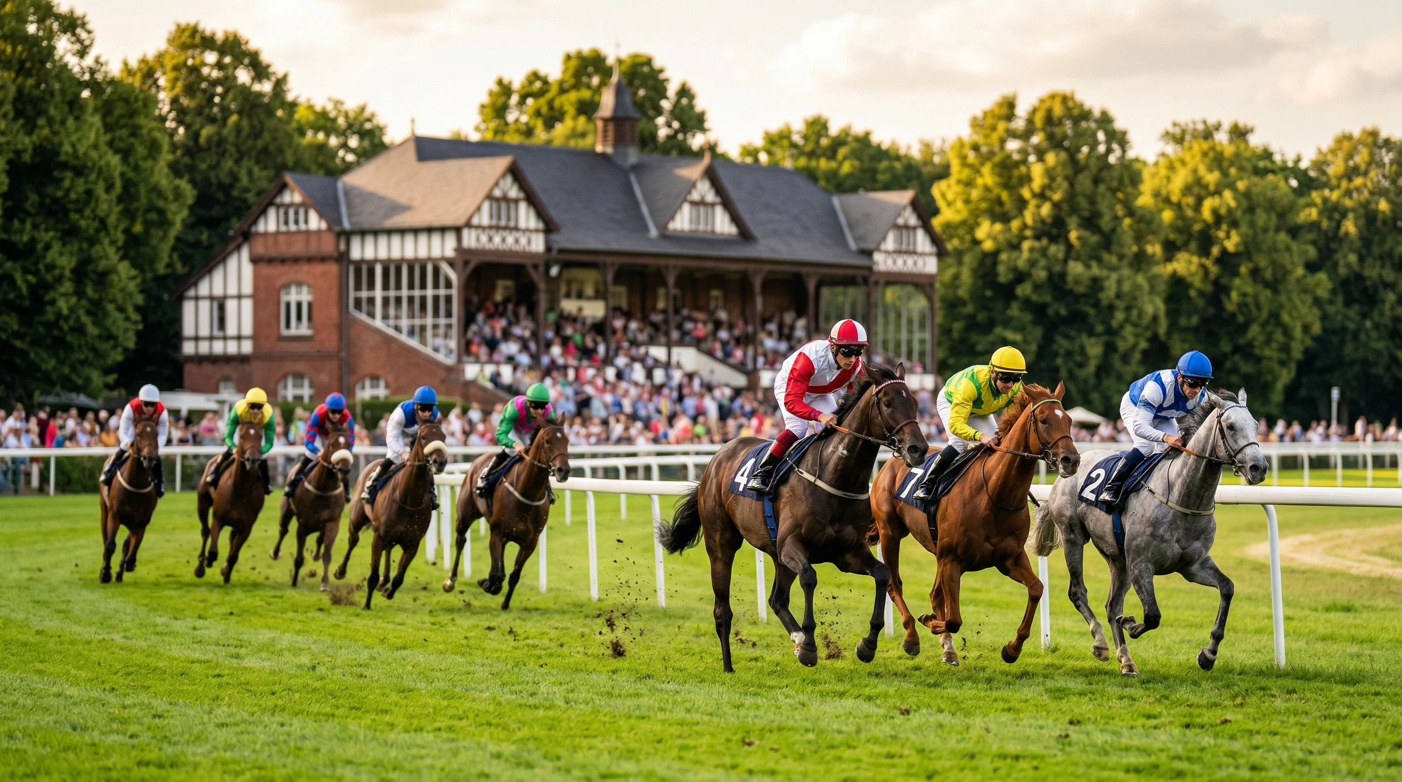 Deutsches Derby Hamburg – Feld von Galoppern auf der grünen Bahn von Hamburg-Horn mit Tribüne