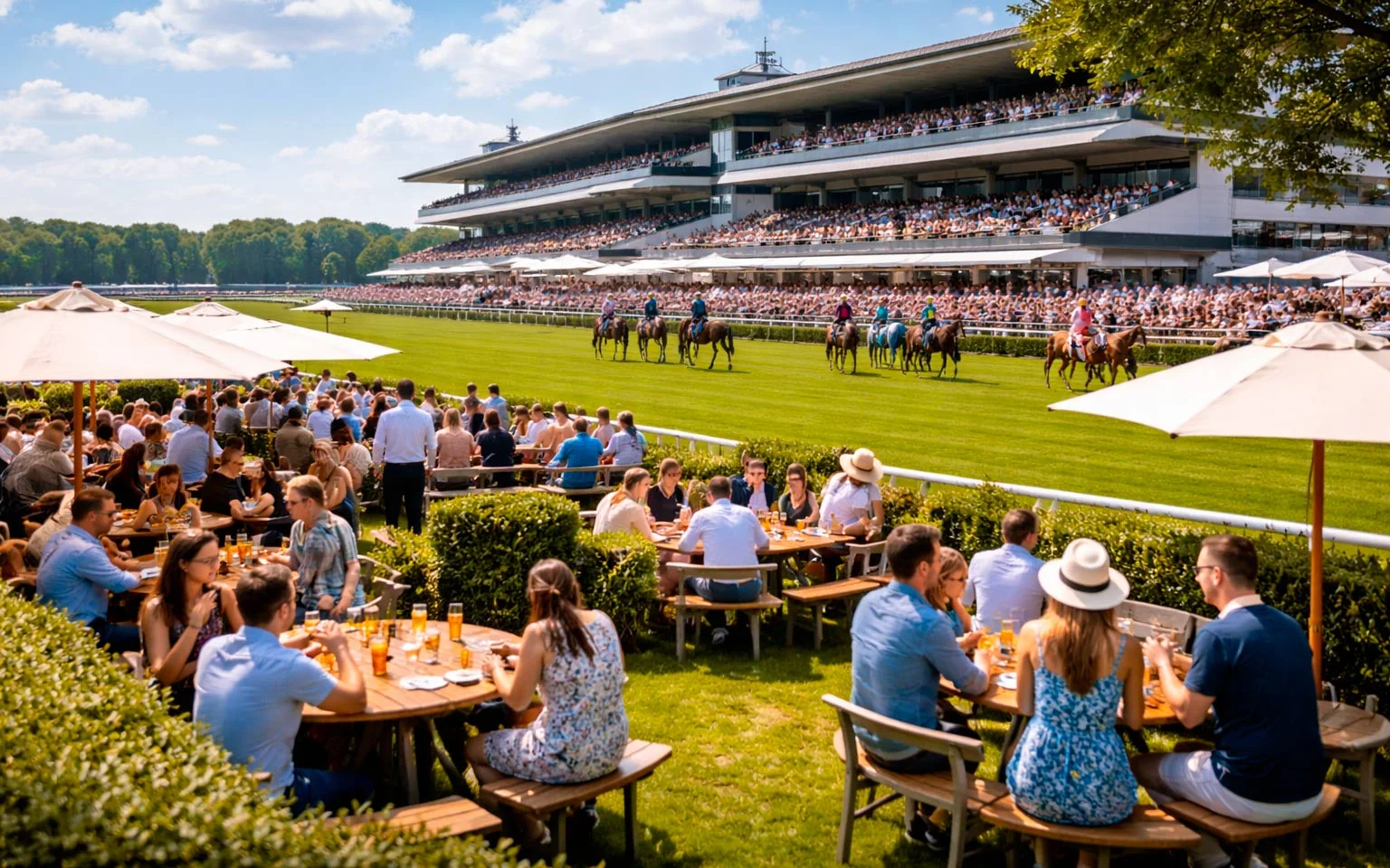 Deutsche Galopprennbahn mit Publikum an einem Sommertag
