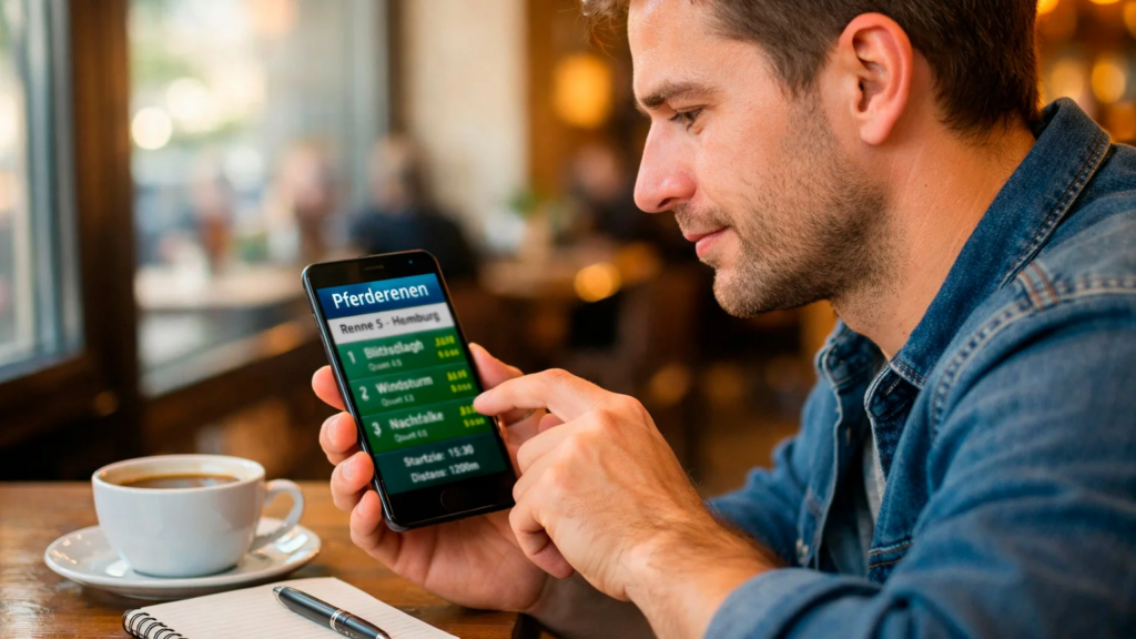 Anfänger studiert Pferderennen-Informationen auf dem Smartphone