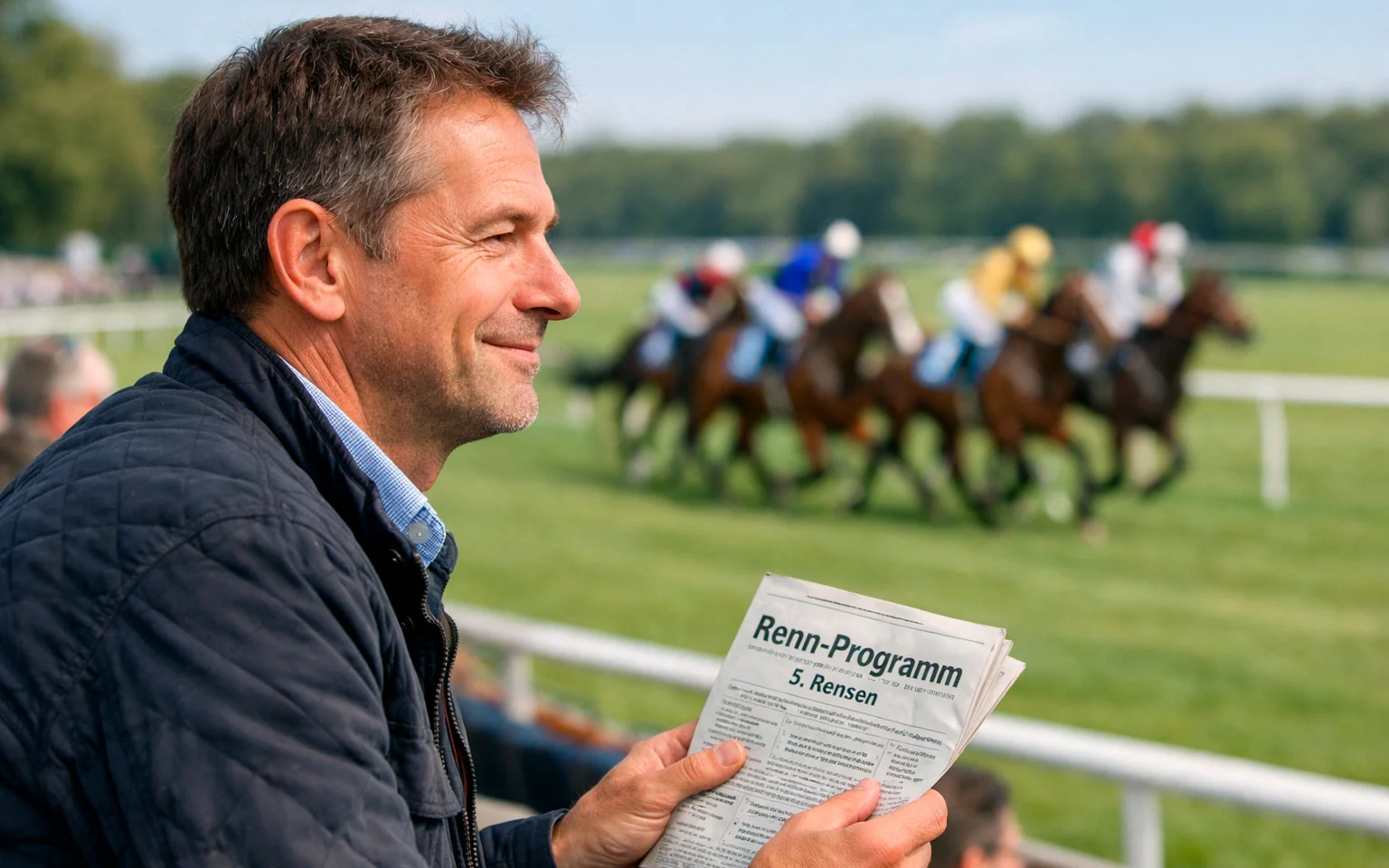 Glücklicher Wetter betrachtet Pferderennen auf der Tribüne