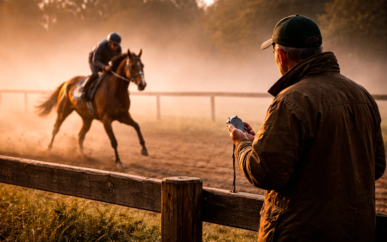 Rennpferd im Trainingsgelände wird von Trainer beobachtet