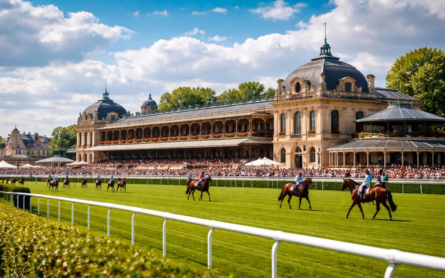 Französische Galopprennbahn Longchamp mit eleganten Tribünen