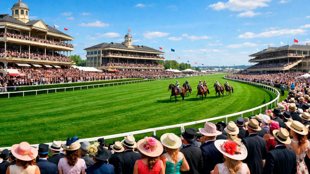Panorama einer vollen Rennbahn-Tribüne beim großen Renntag