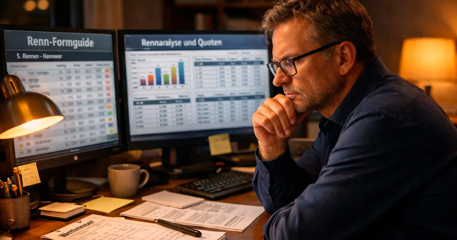 Konzentrierter Analyst studiert Pferderennen-Statistiken