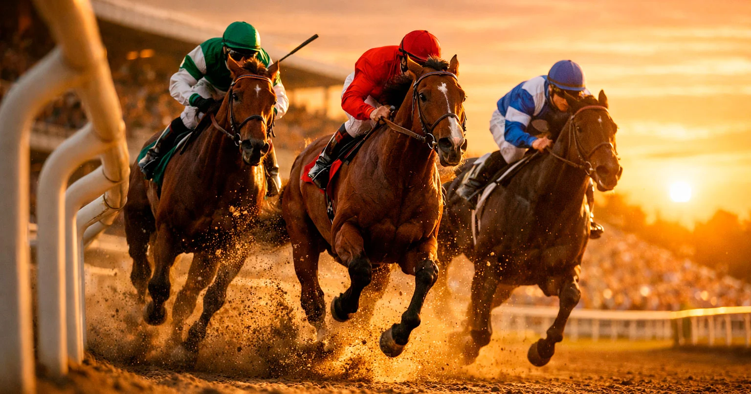Galopprennbahn mit Pferden im Zieleinlauf bei Sonnenuntergang