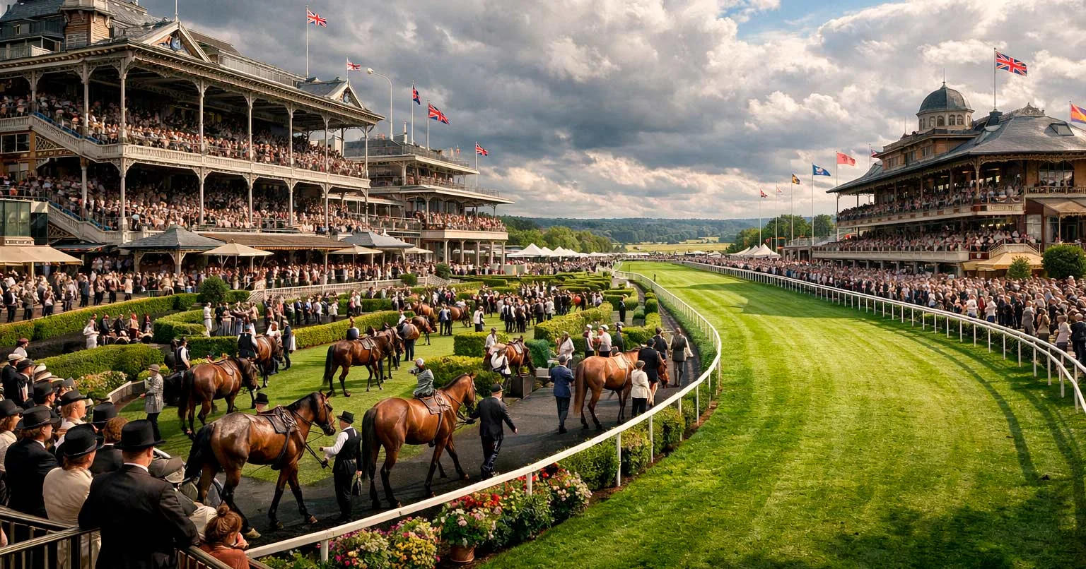 Majestätische Galopprennbahn mit historischen Tribünen bei einem Großereignis