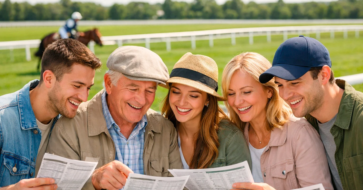 Freundliche Szene am Rande einer Pferderennbahn mit Neulingen