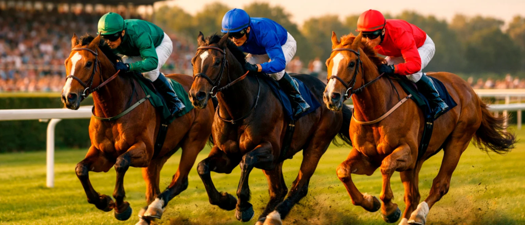 Galoppierende Vollblüter auf einer deutschen Rennbahn bei Sonnenlicht
