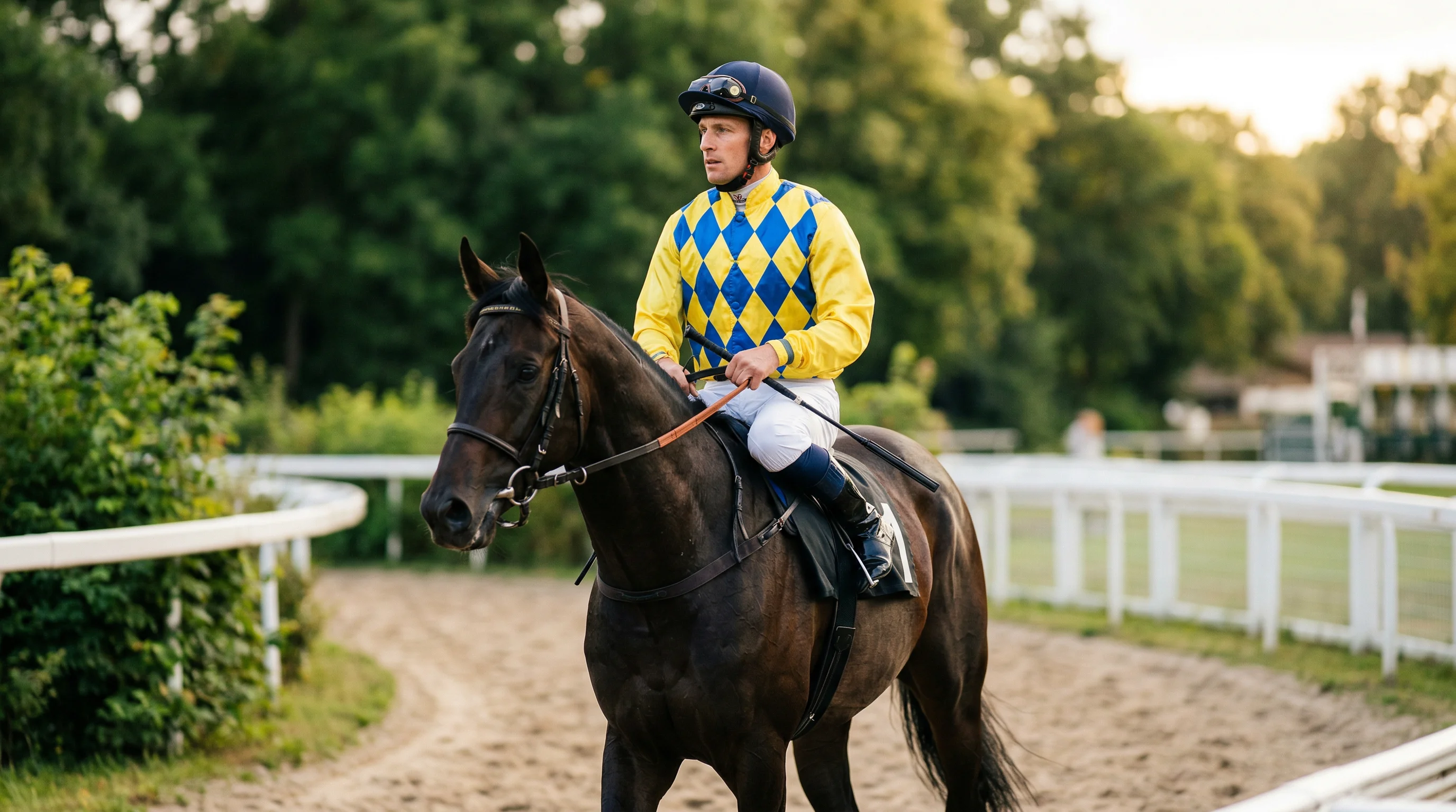 Jockey-Analyse – Jockey in bunter Seidenbluse auf einem Rennpferd vor dem Start im Führring