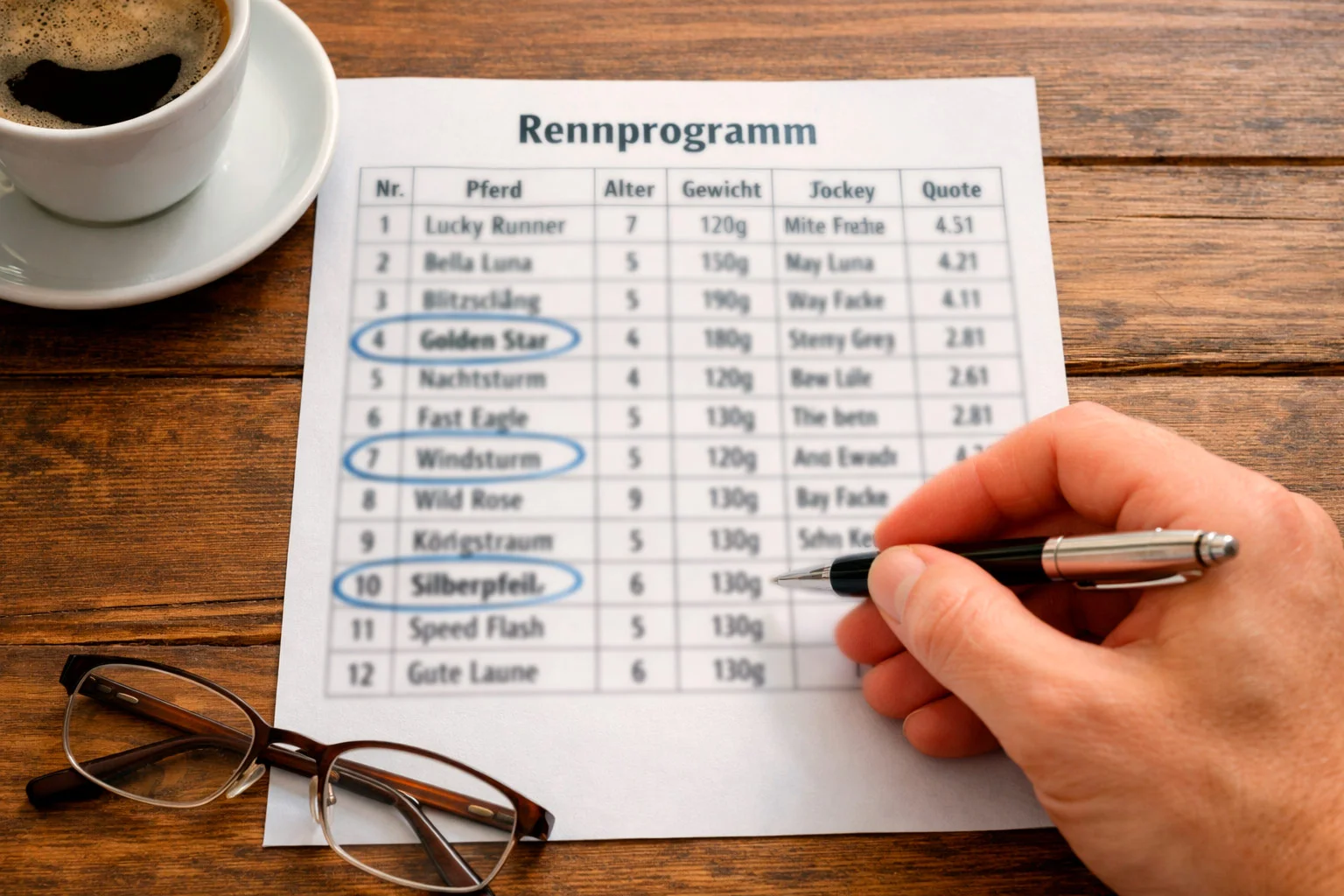 Rennprogramm mit Stift und markierten Pferdenamen