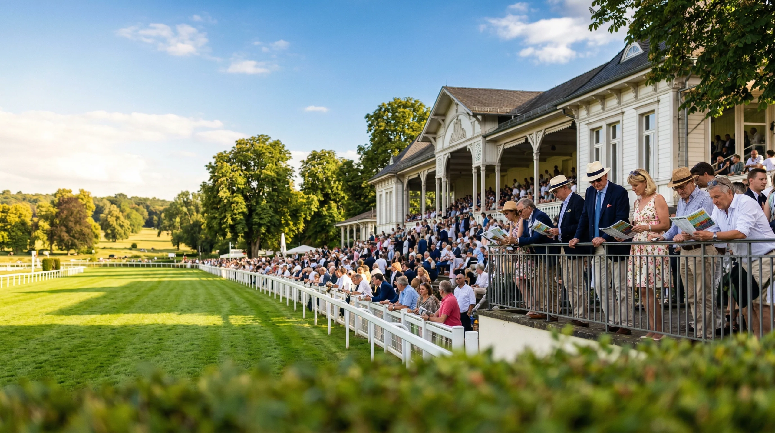 Pferdewetten-Anbieter im Vergleich – Rennbahn mit Tribüne und Zuschauern
