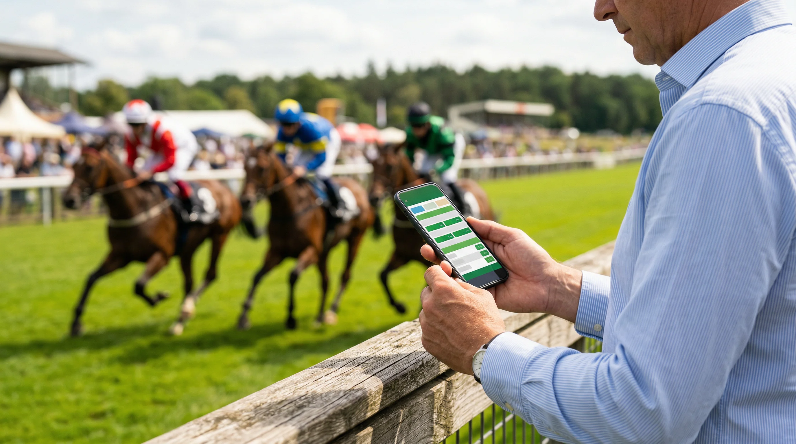 Pferdewetten App – Hand hält Smartphone vor einer Rennbahn mit Pferden im Hintergrund