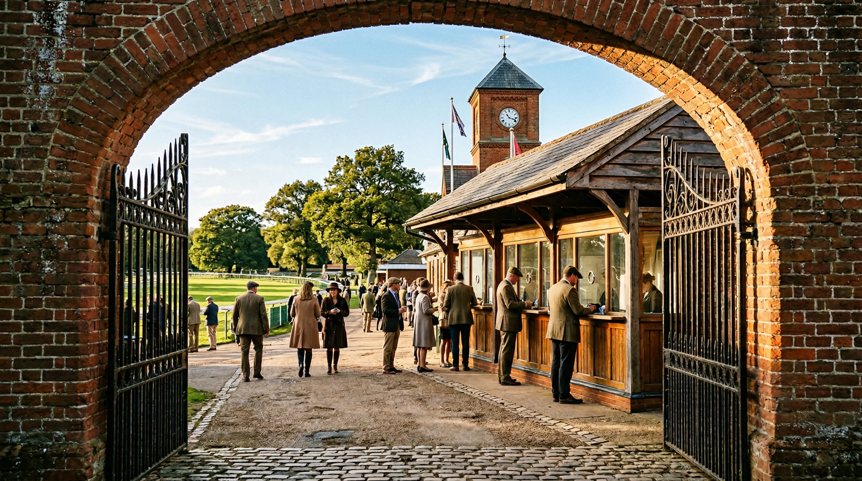 Pferdewetten Bonus – Rennbahn-Eingang mit Wettschaltern und Besuchern