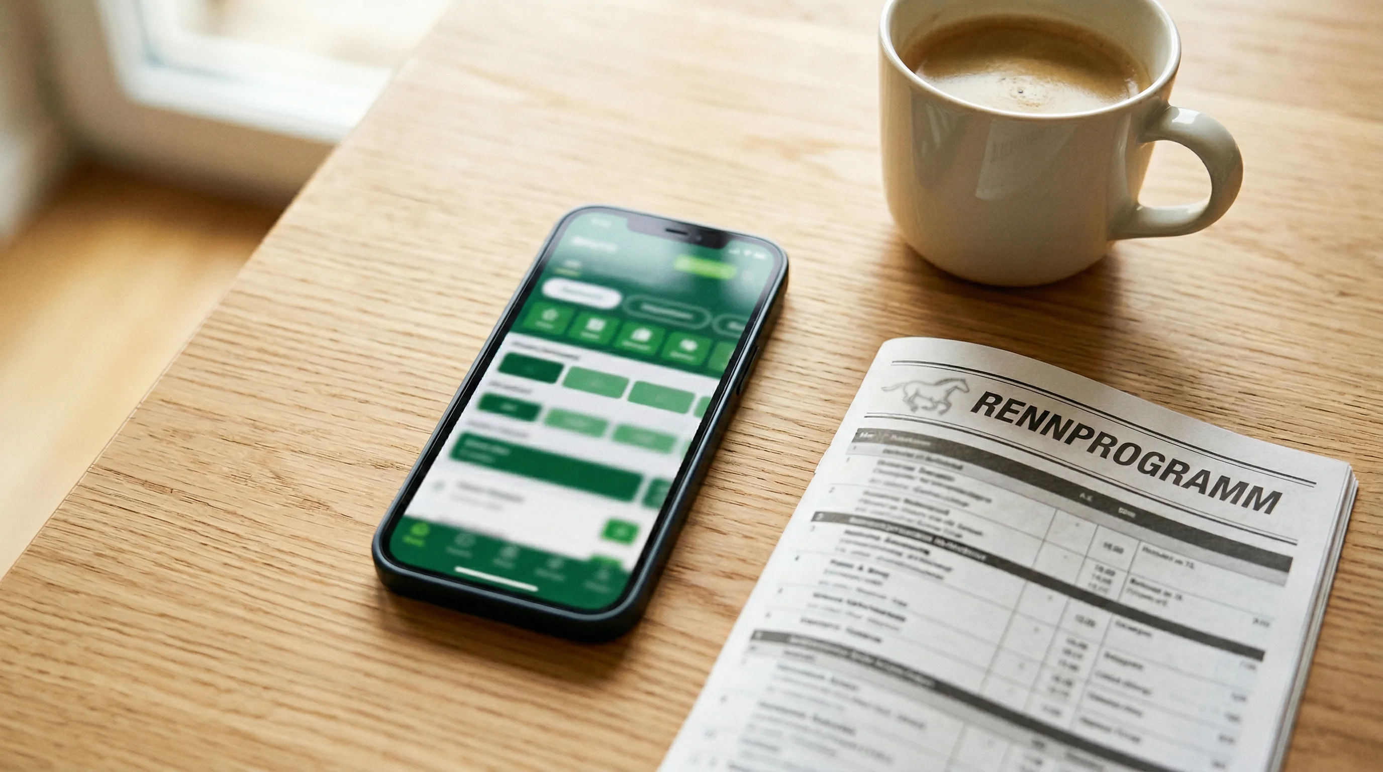 Pferdewetten Zahlungsmethoden – Smartphone mit Wett-App neben einer Rennkarte auf einem Tisch