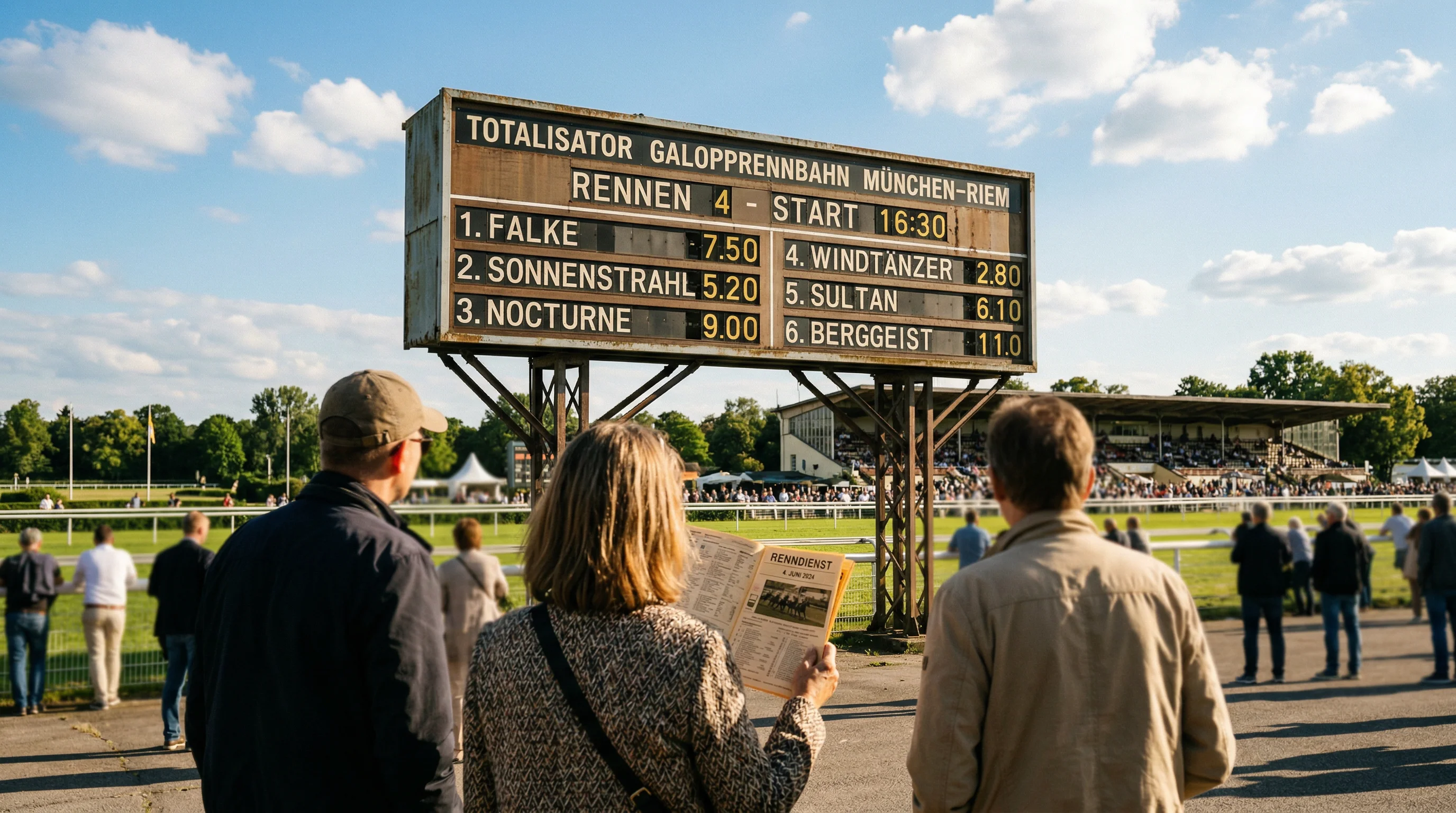 Pferdewetten-Quoten – Anzeigetafel an der Rennbahn mit Quoten und Pferdenamen