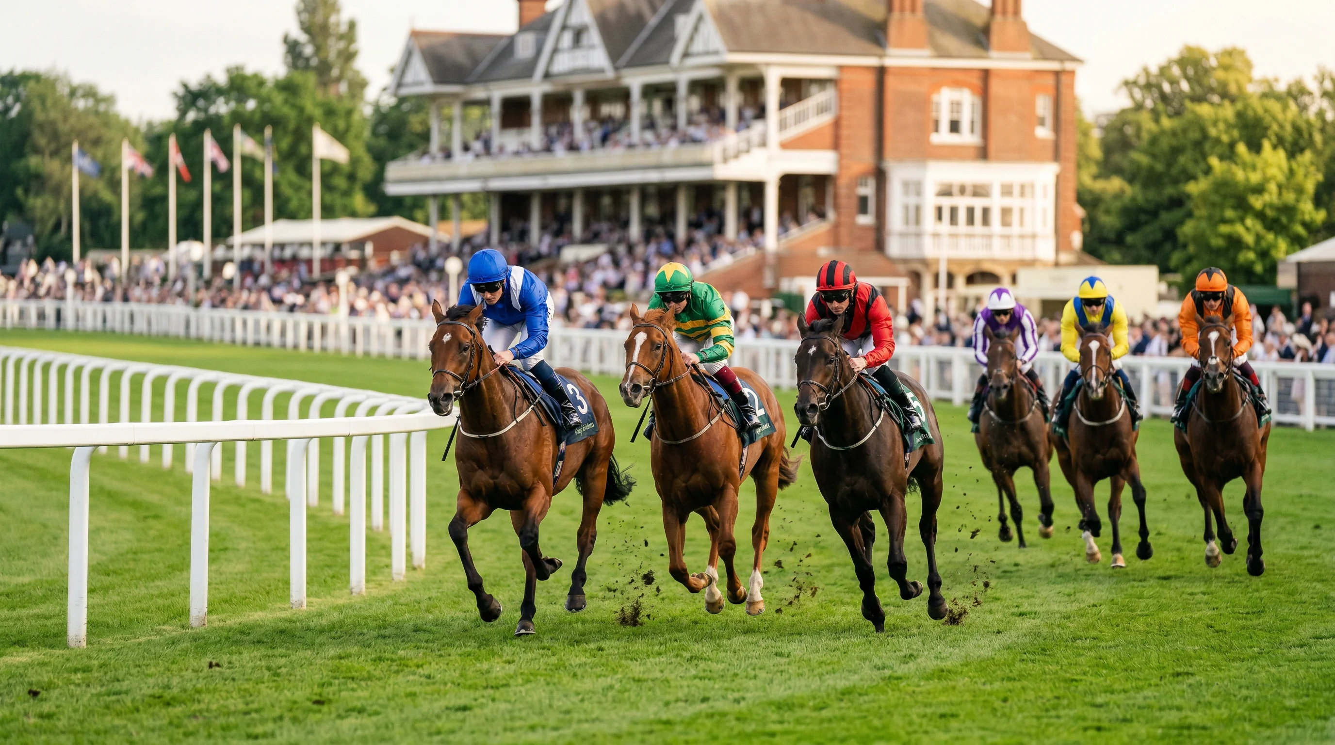 Royal Ascot – Rennpferde im Galopp auf der grünen Grasbahn mit eleganter Tribüne im Hintergrund