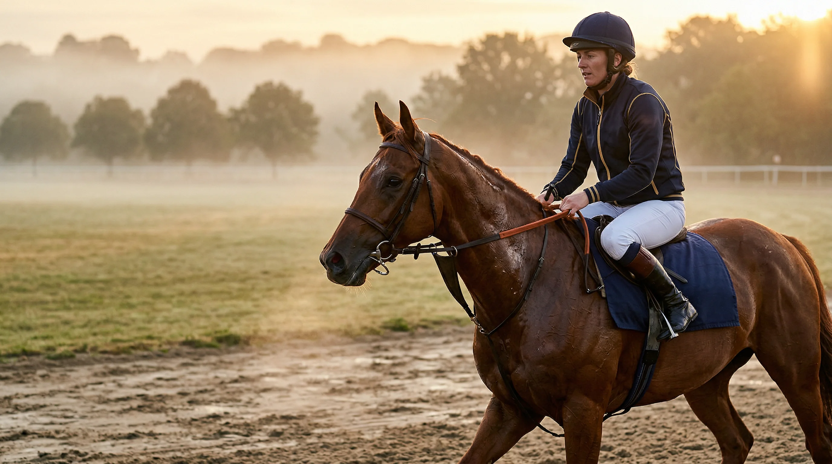 Pferdewetten-Strategie – Nahaufnahme eines Rennpferds mit Jockey beim Training