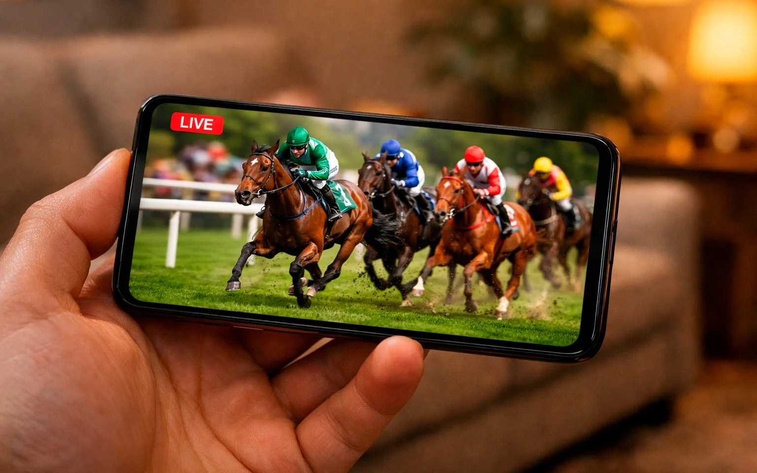 Smartphone mit Pferderennen Live-Stream und Wettschein
