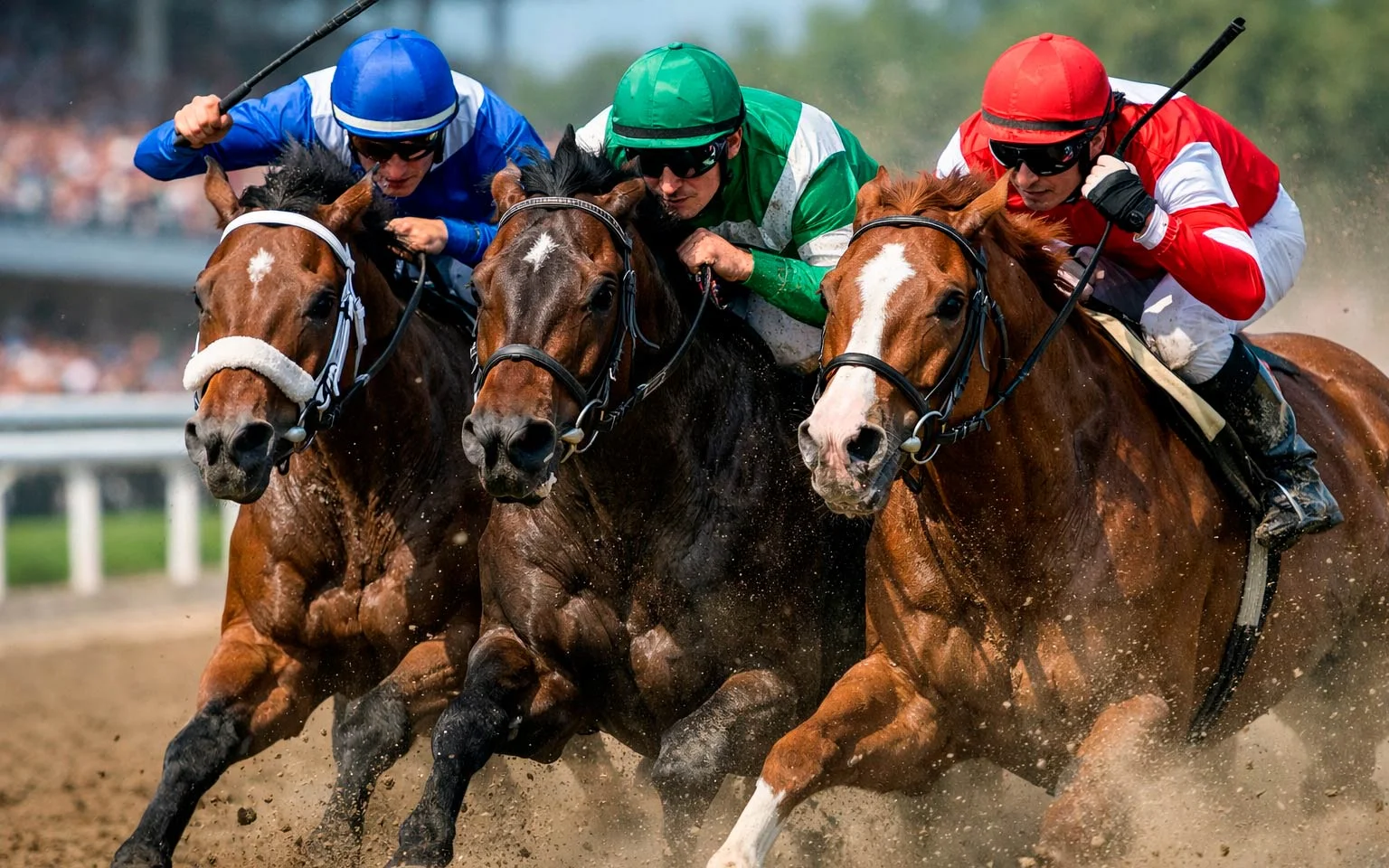 Drei Pferde eng beieinander auf den vorderen Plätzen