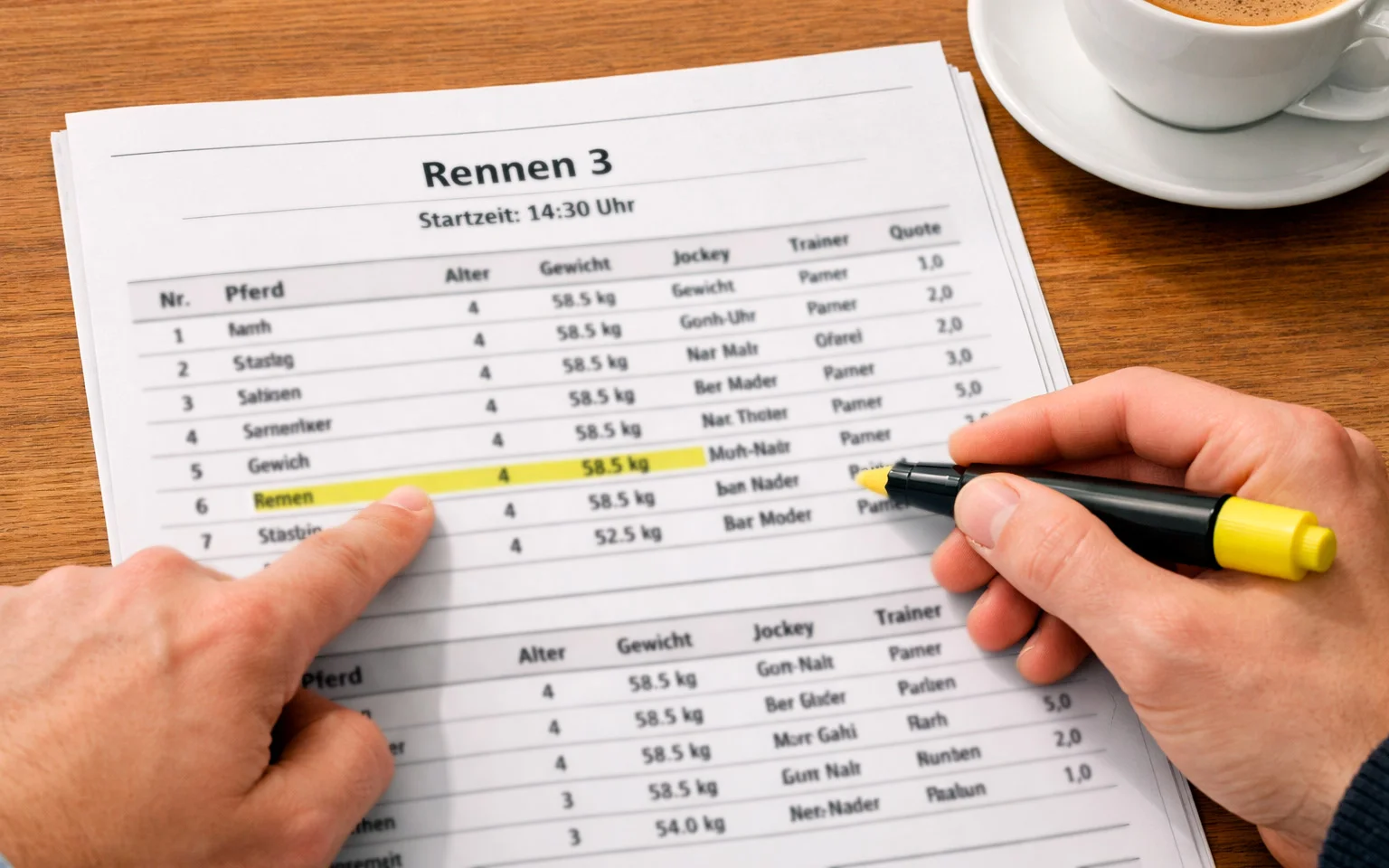 Detailaufnahme eines Rennprogramms mit Erklärungen