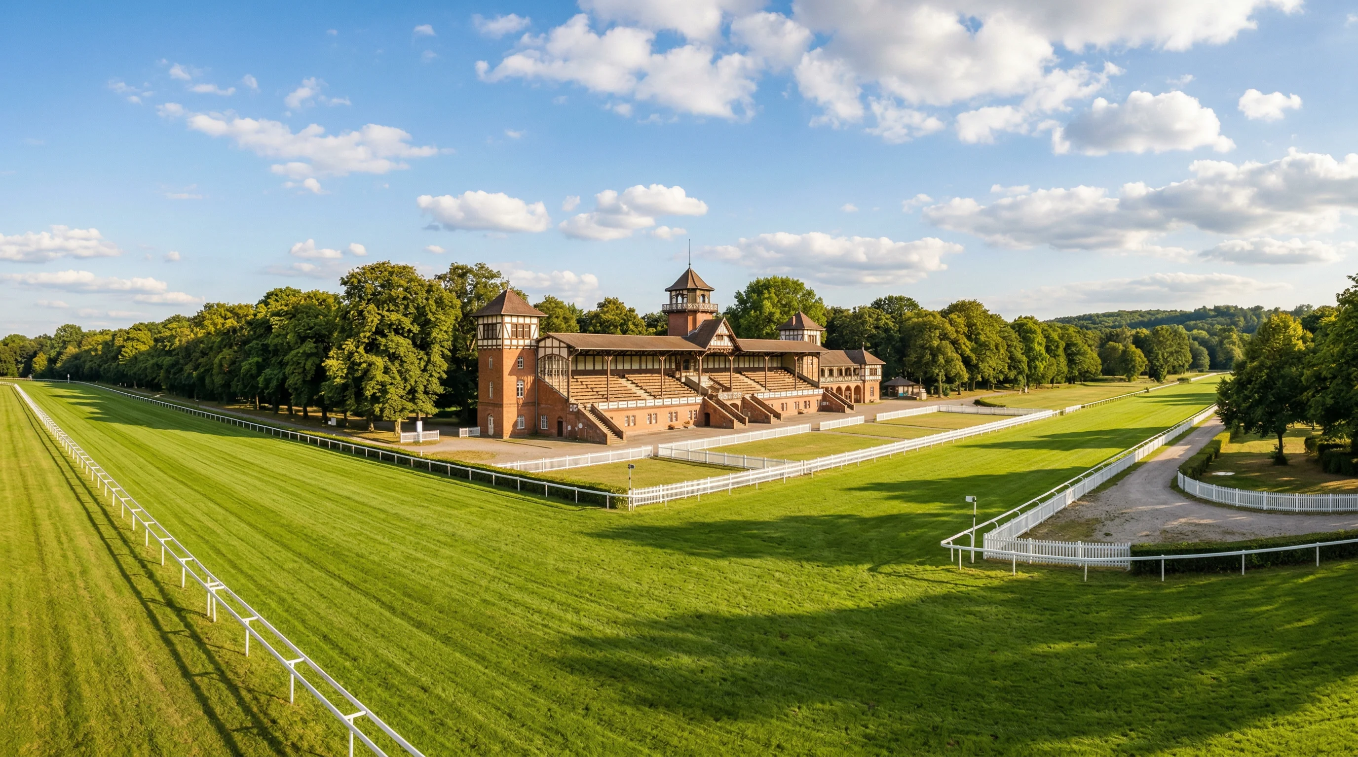 Rennbahnen in Deutschland – Panoramablick auf eine grüne Galopprennbahn mit Tribüne und parkähnlicher Anlage