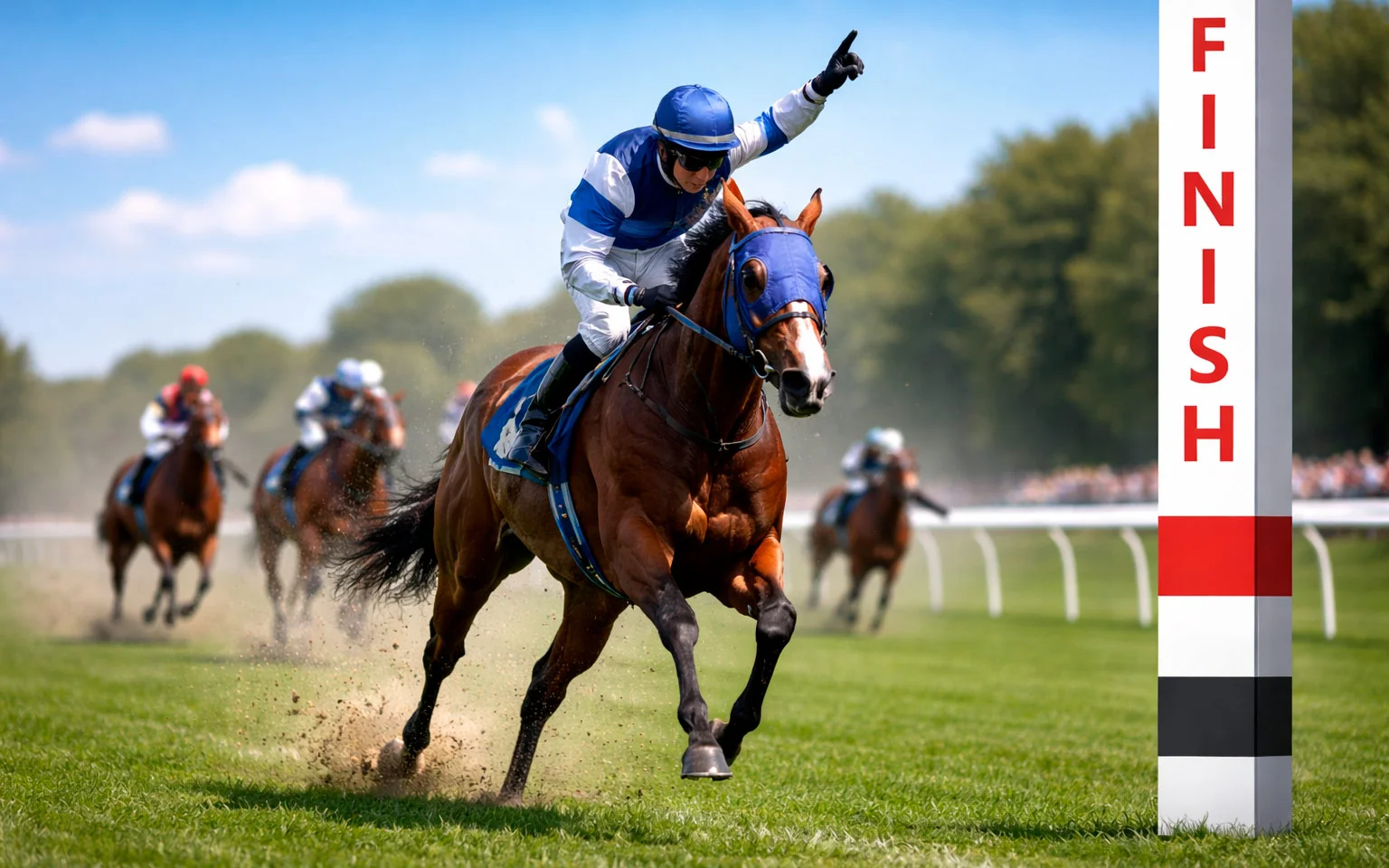 Ein einzelnes Rennpferd überquert als erstes die Ziellinie