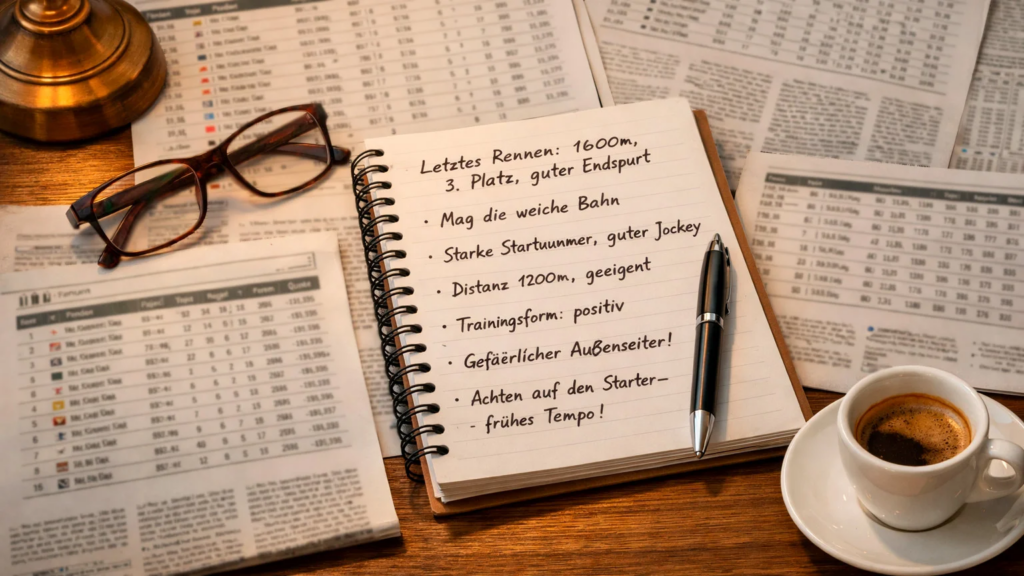 Rennformular und Notizblock mit Stift auf einem Schreibtisch