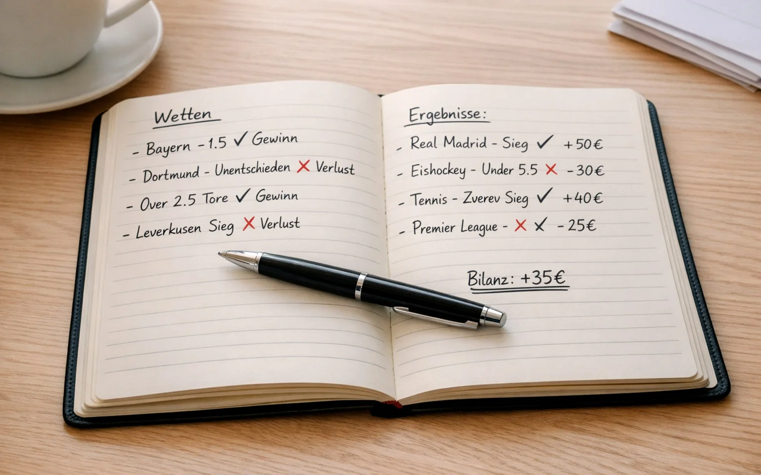 Notizbuch mit Wett-Notizen und Statistiken