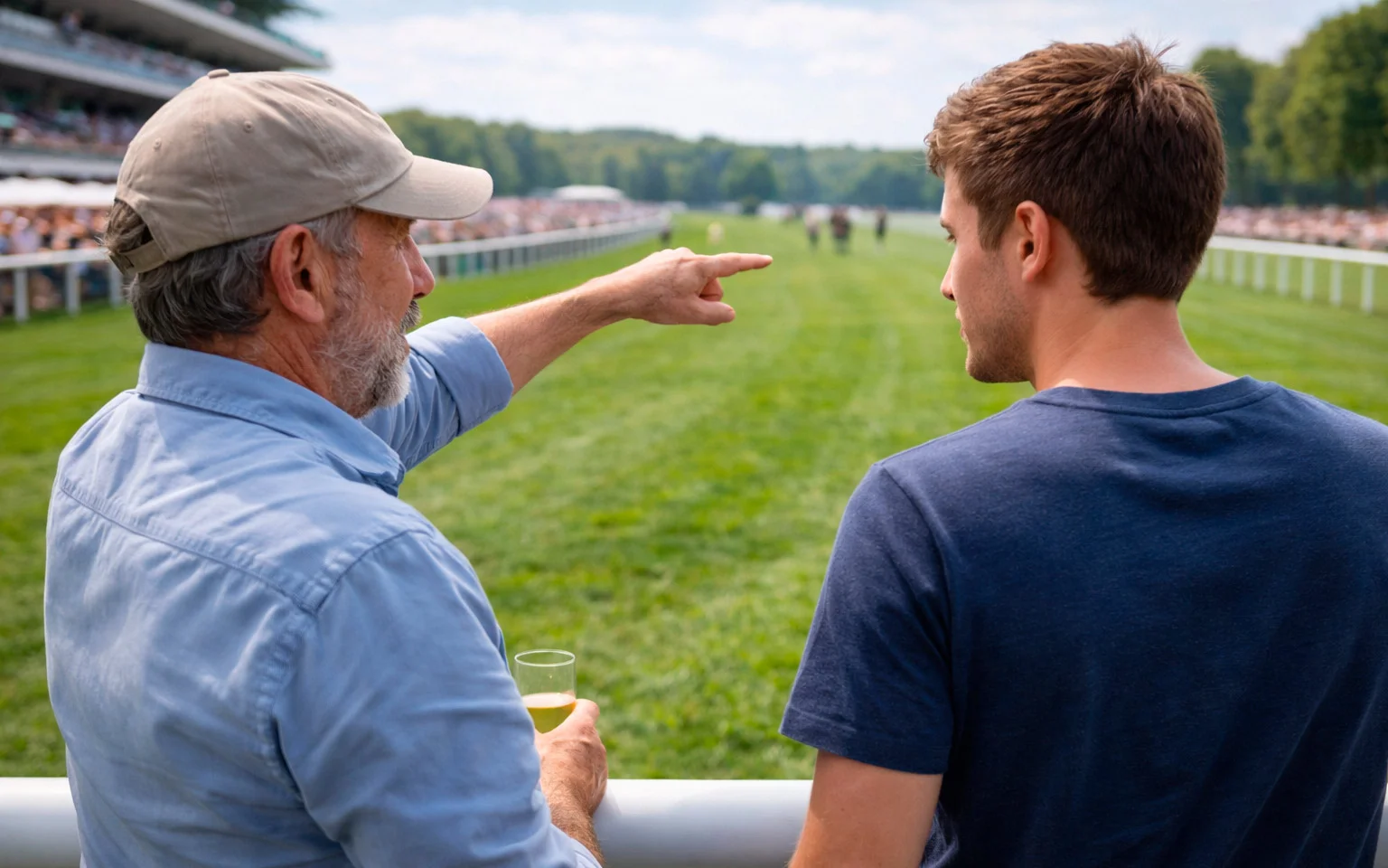 Mentor erklärt einem Neuling die Grundlagen am Rennbahngeländer