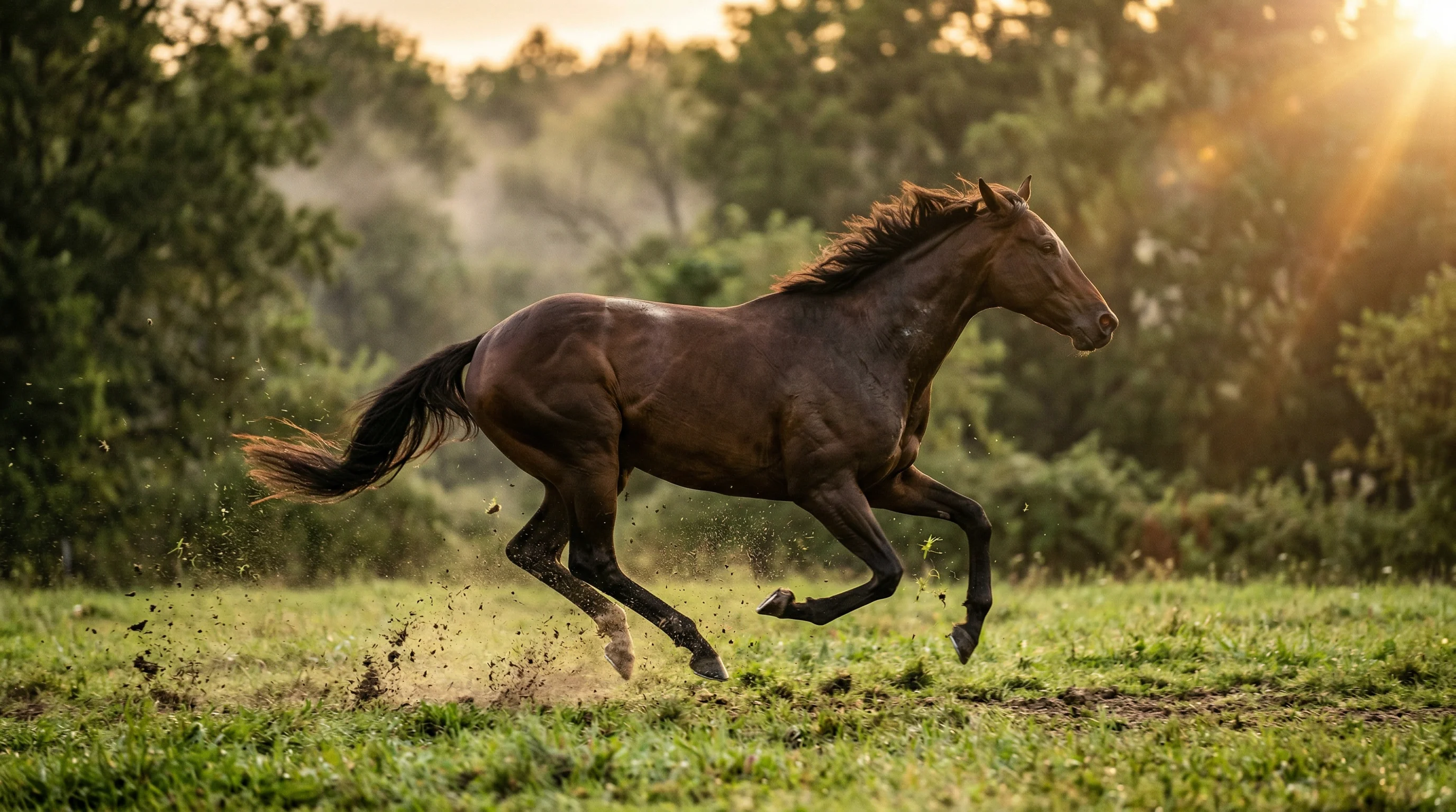 Value-Betting bei Pferdewetten – Rennpferd im Galopp auf weichem Boden bei Gegenlicht
