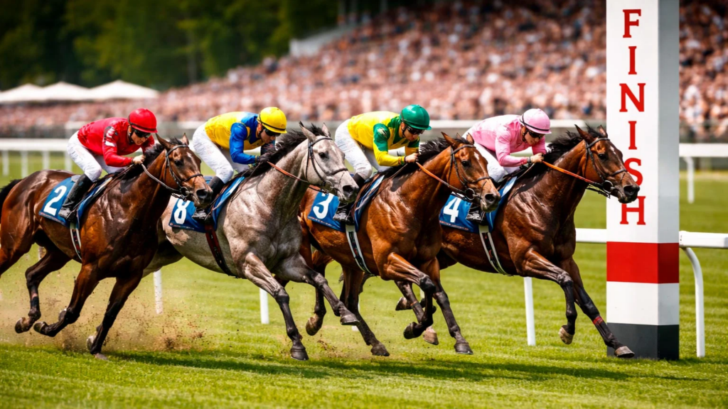 Verschiedene Pferde beim Einlauf an der Ziellinie eines Galopprennens