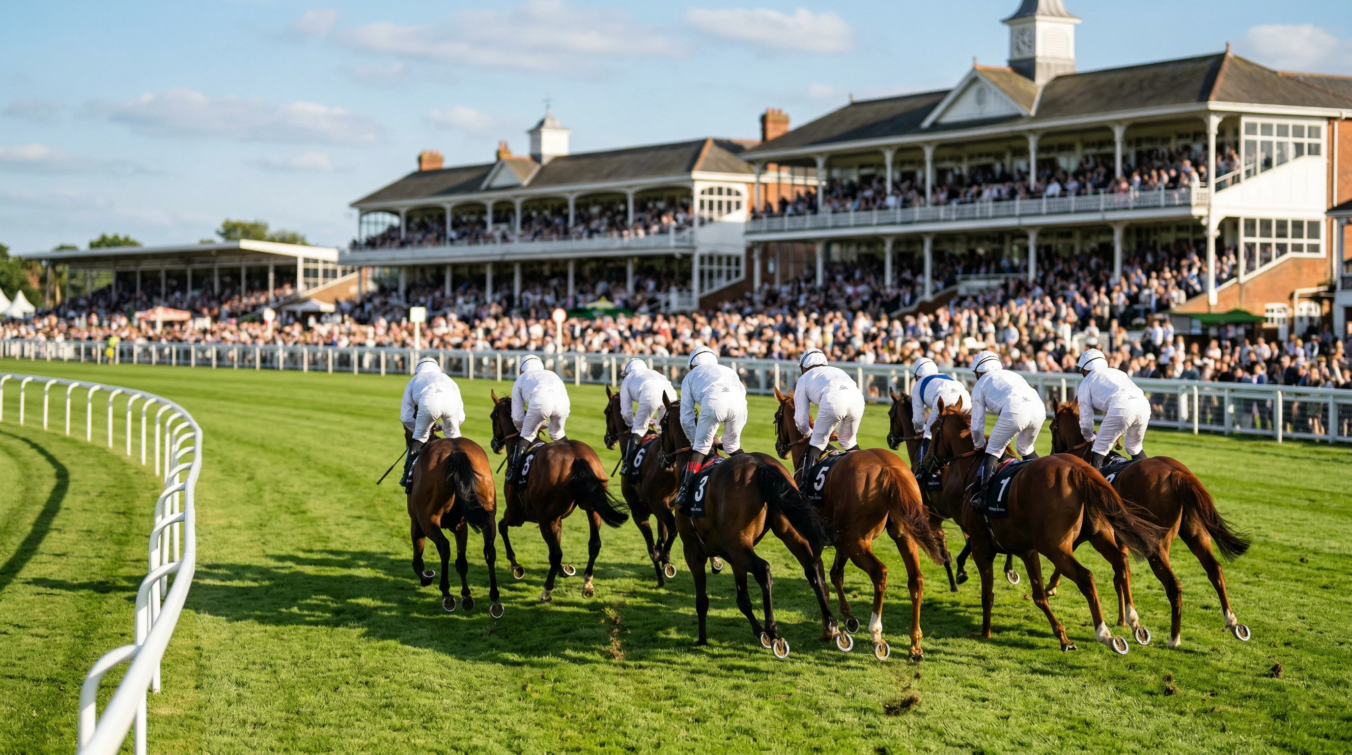 Die wichtigsten Pferderennen der Welt – Pferdefeld beim Galopp auf einer Rasenrennbahn vor vollen Tribünen
